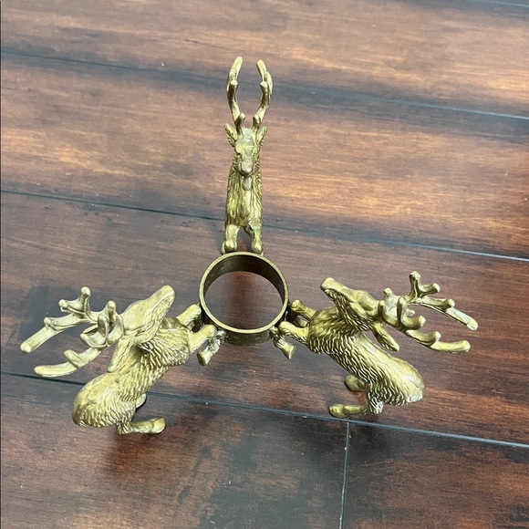Vintage Mid Century Brass 3 Reindeer Pillar Candle Holder - Picture 2 of 12